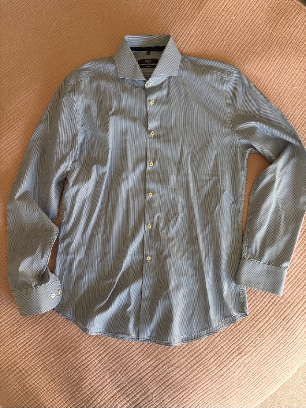 Jake's Men's Tailored Blue Striped Pure Cotton Dress Shirt, EU 39/40